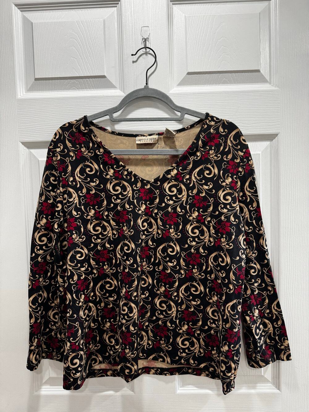 Apostrophe Stretch Black Red Floral Paisley Top XL 3/4 sleeve